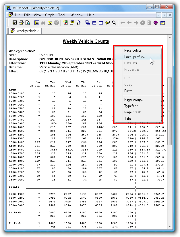 The generated report, showing right-click menu