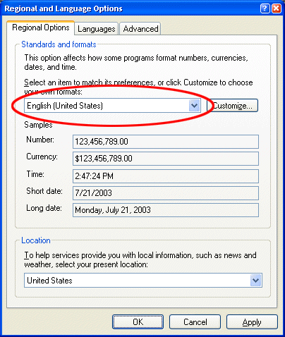 Changing your OS locale (Windows XP)