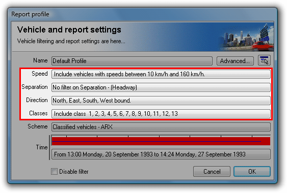 Profile vehicle filter settings