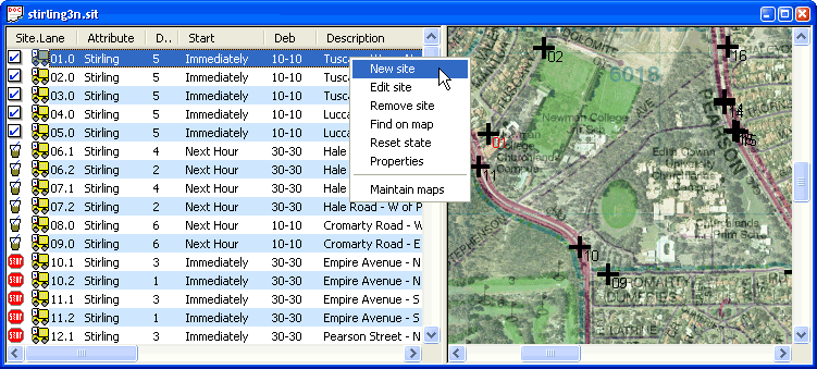 Site List with map in MCSetup - note the right-click menu